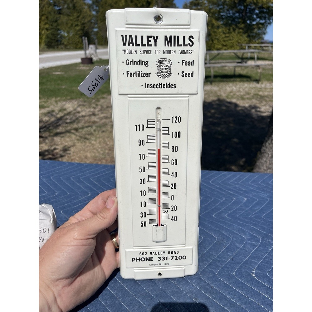 Vintage Purina Feeds Thermometer Metal Sign Valley Mill Feed Company Advertising